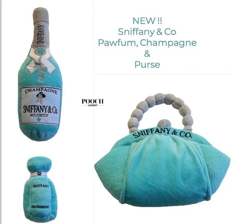 

Haute Couture Luxury Brand Cute Blue Champagne Bottle Dog Squeak Toy Pet Gift