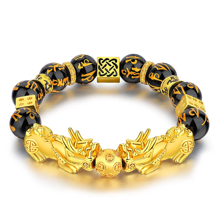 

Women Men Real Gold Plated Lucky Money Feng Shui Pixiu Mani Mantra Black Obsidian Wealth Bracelet Black Buddha Beads Bracelet