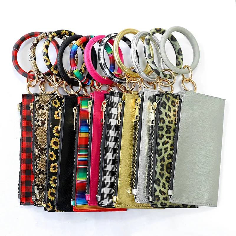 

D2096 Women PU Leather Leopard Sunflower Plaid Buffalo Bangle Key Chain Purse Tassel Pendant Wristbands Keychain Bracelet Wallet, 11 colors