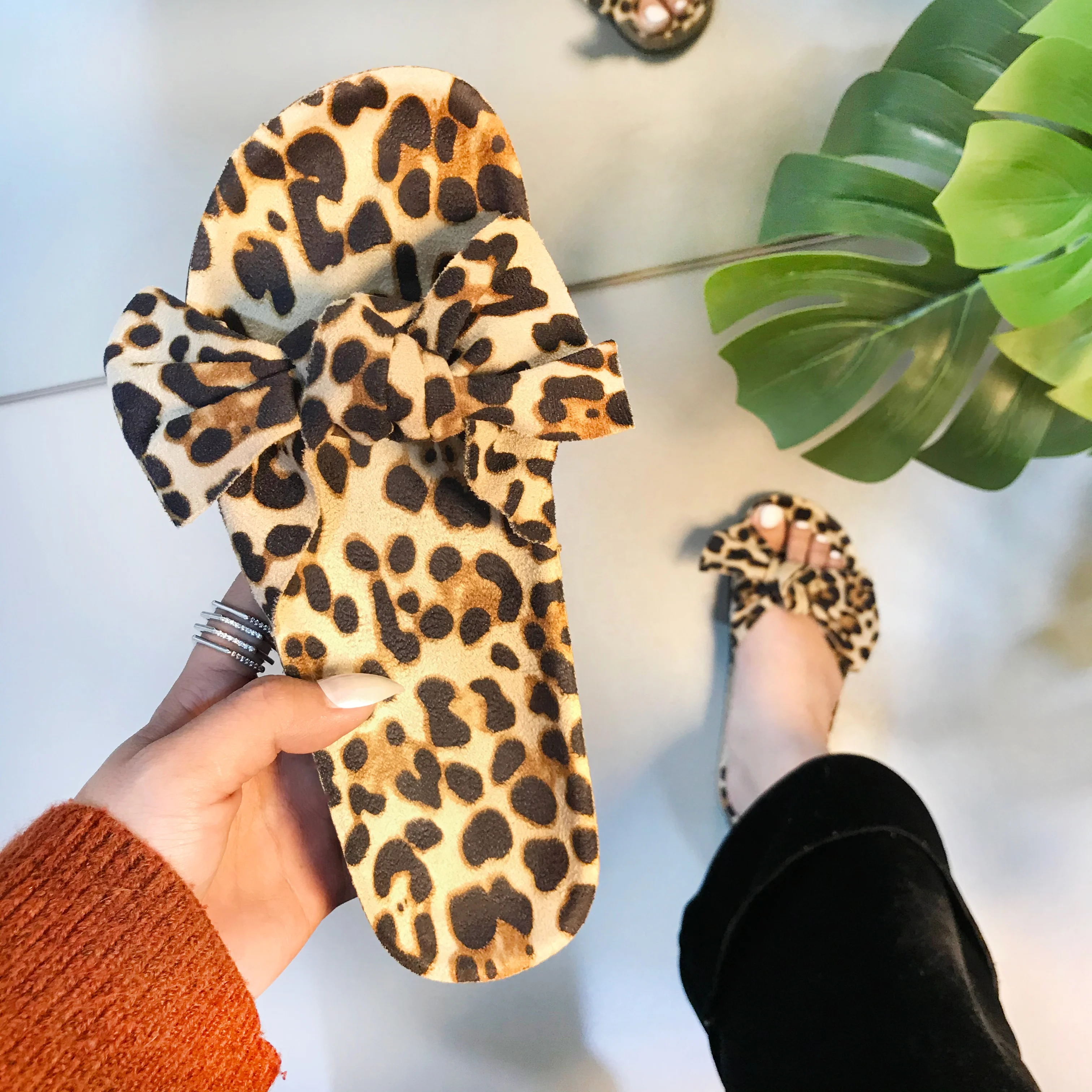 

Leopard design cork sole lady sandals slip-on bowknot strap slippers summer women footwear slippers beach sandals, Beige, brown