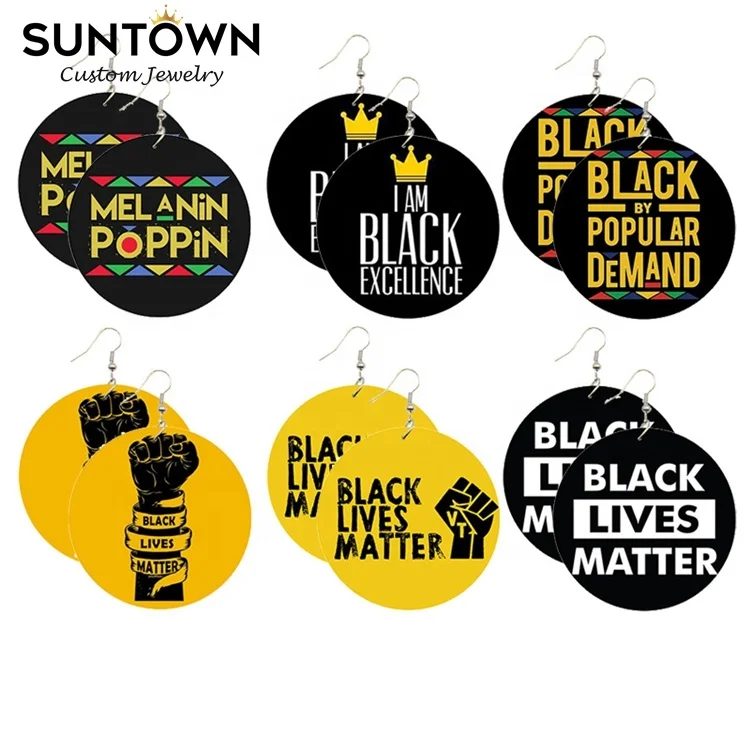 

Suntown 2021 Fashion Wholesale African Wood Earrings Black Lives Matter Charms Hoop Earrings Custom Hip Hop Jewelry For Freedom