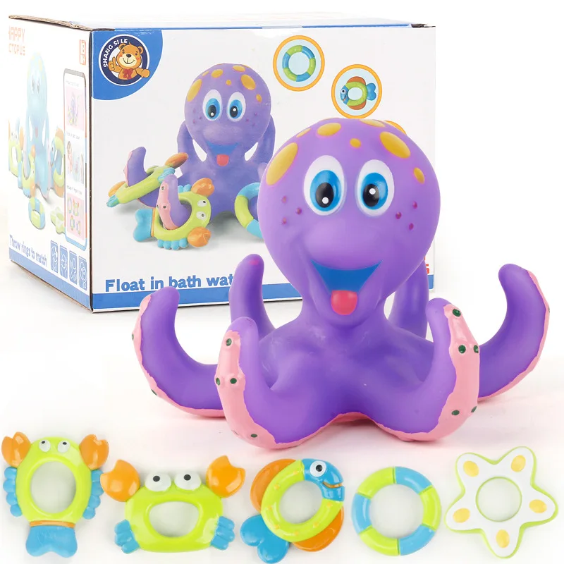 
Octopus Bath Toy with 5pcs Hoopla Rings Floating Purple Soft Rubber Interactive Kids Bathing Toy  (1600106851133)