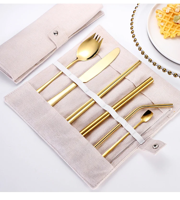

304 stainless steel portable 8-piece gold western cutlery set with cloth bag, Gold / silver / black / rose gold