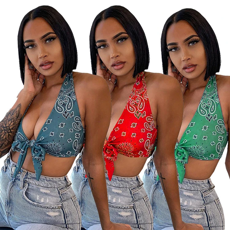 

DUODUOCOLOR Summer 2021 New style trend fashion leisure printing chalaza short sexy v neck crop top D10102