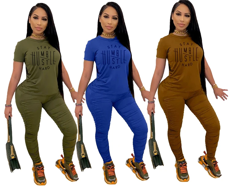 

OEM 2021 fashion short sleeve letter t shirt with stacked pants two piece set women lounge wear sets