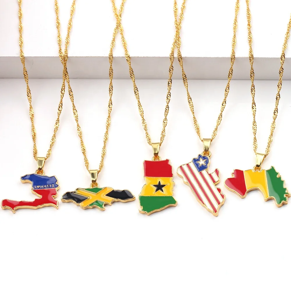 

MoyaMiya worldwide souvenir stainless steel necklace Gold Plated 28 multi nation country Africa Jamaca America map necklace, As picture or customized