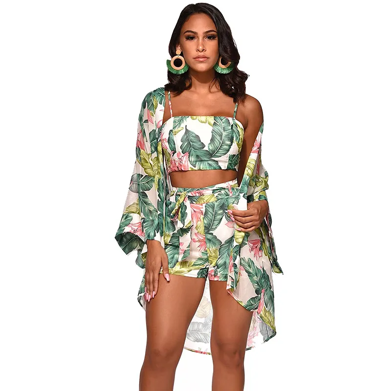 

Maining 2020 Summer Trendy 3 Piece Set Women Clothing Ladies Sexy Off Shoulder Crop Tops Outfits Short Set, Green, black