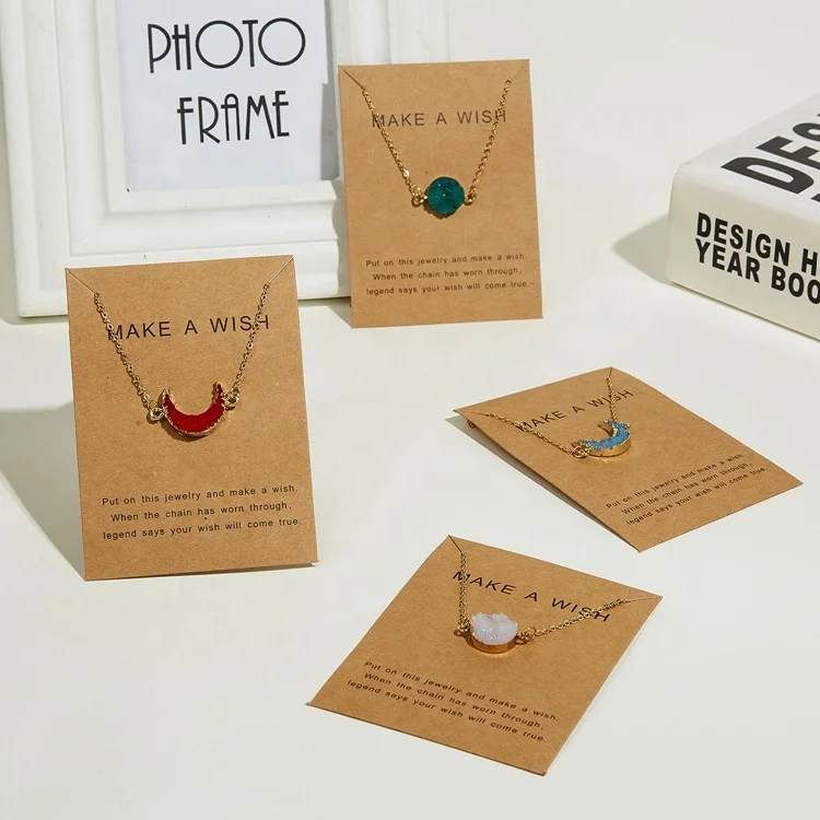 

Women Wish A Card Necklace Jewelry Gift Natural Crystal Stone Necklace, Gold color