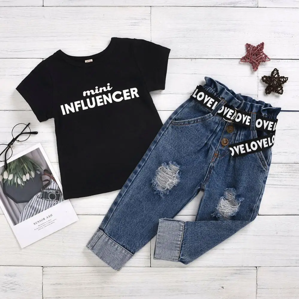 

2021 Summer Children Girl 2 pcs Clothing Set Cute Black Short Sleeve Letter Shirt +Distressed Jeans with Letter belt for 2-6T, As photos