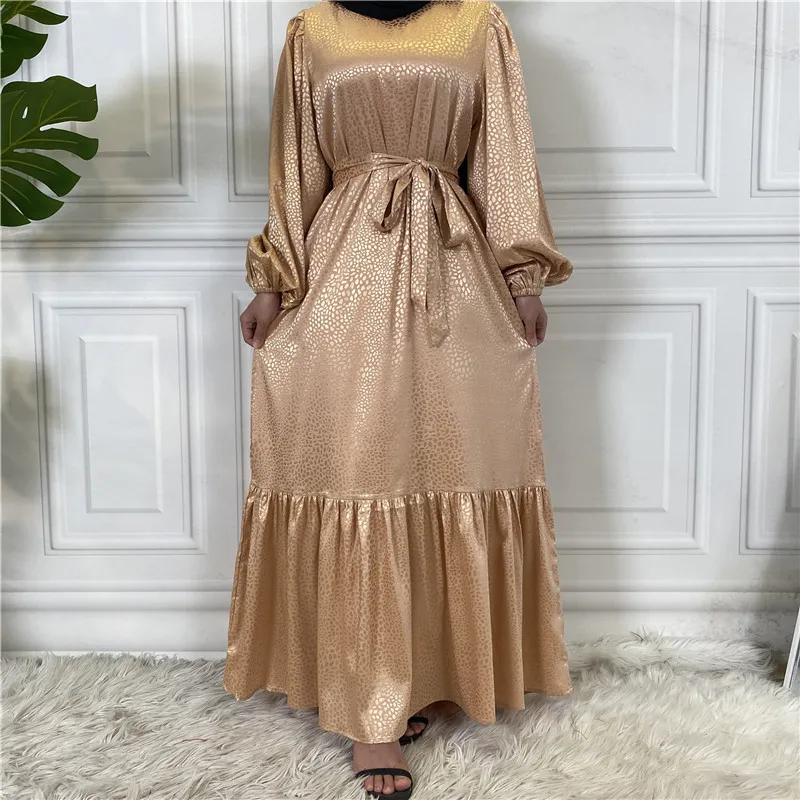 Modest Smooth Printing Satin Abaya Dress With Pockets Ruffle Bottom Maxi Dresses Muslim Islamic Clothing Long Abaya
