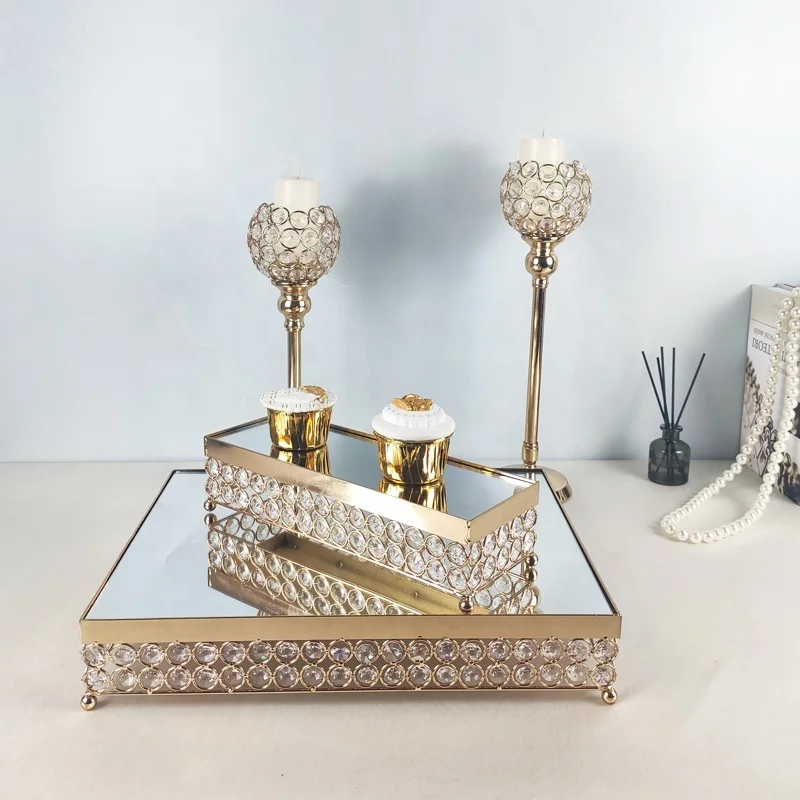 

European-style rectangular cake stand wedding party decoration metal cake dessert display stand glass mirror tray, Gold