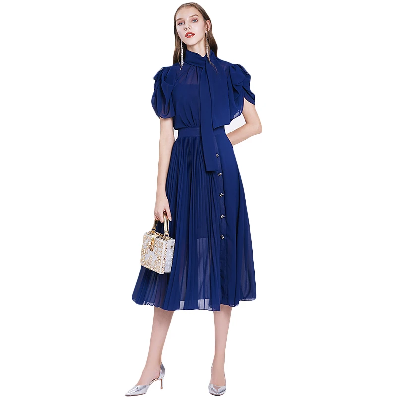 

Wholesale Gentlewomen Fashion Dress Ruffle Puff Sleeve Tie Neck Light Open Back Pleated Chiffon Dress