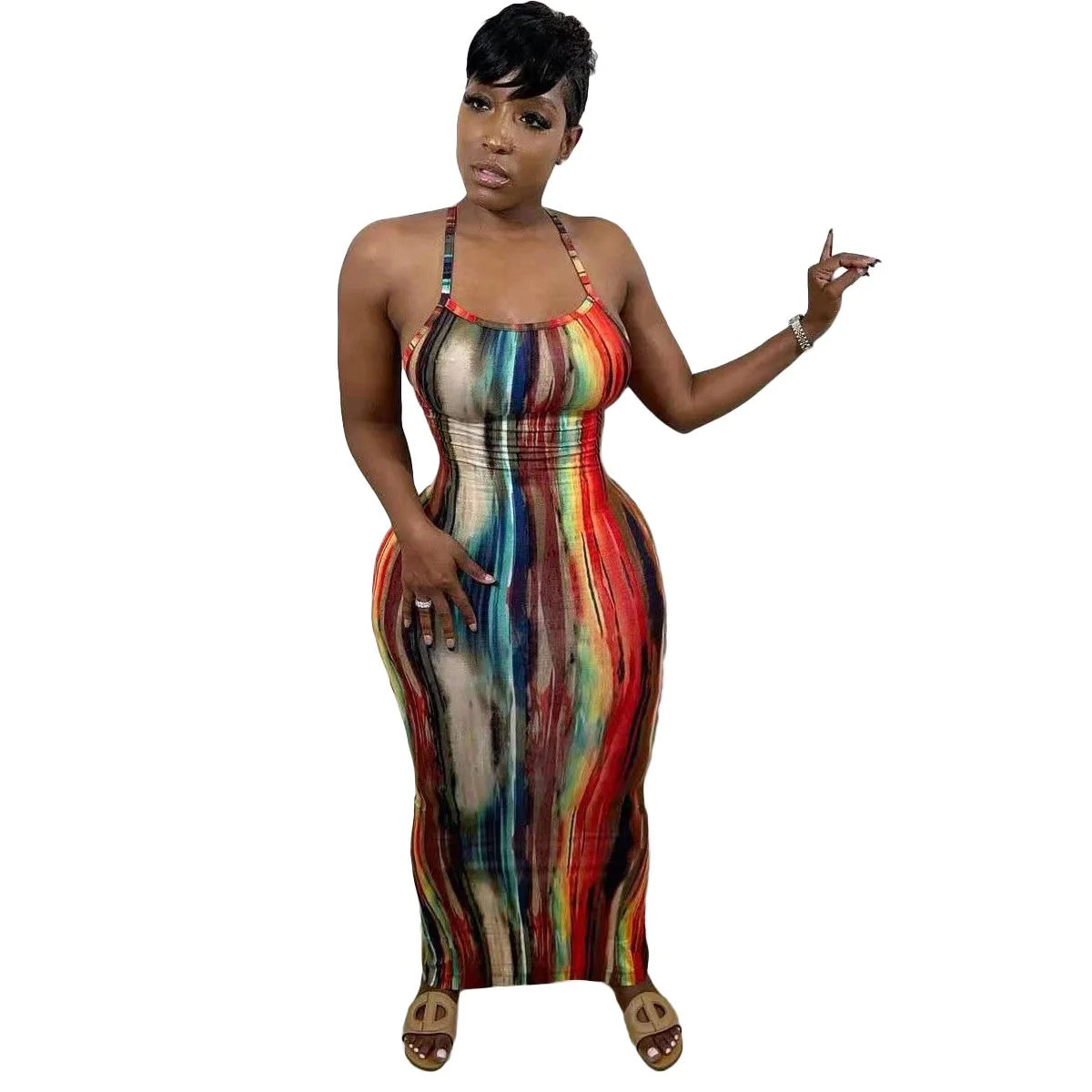 

N2308 - sexy bodycon fashion tie dye printed sleeveless backless women slip dress