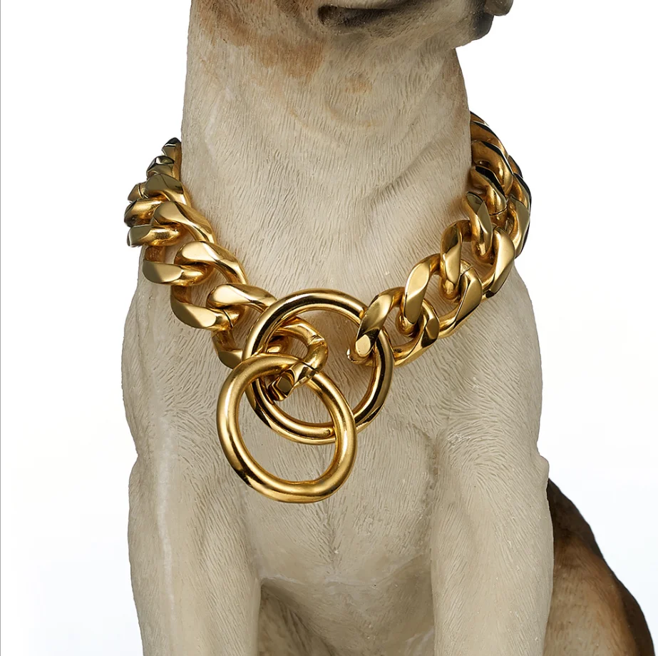 

316L Stainless Steel 15MM 19MM Luxury Dog Collar Mental Buckle P Chain Cuban Link Dog Collars Gold Name Brand Dog Collars, 18k gold plated/stainless steel color