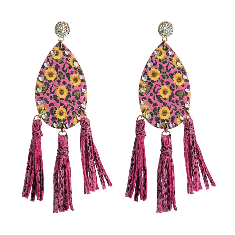 

Bohemian style exaggerated long tassel Daisy earrings rhinestone leather double-sided print European and American earrings, Multi
