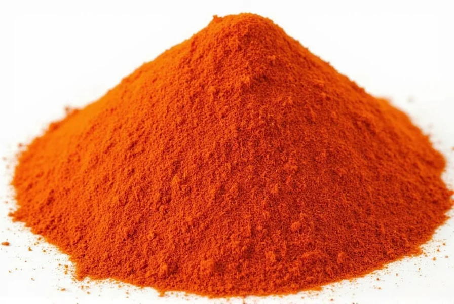 Close-up photograph of vibrant red cayenne pepper flakes on a white wooden background, showing texture and color variation