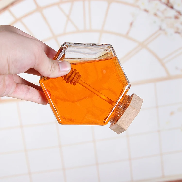

Empty Hexagonal Glass Honey Jar, Colorful/transparent