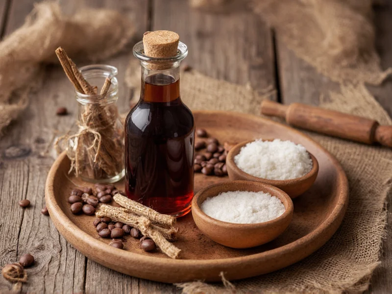 Homemade Kahlua ingredients on wooden table