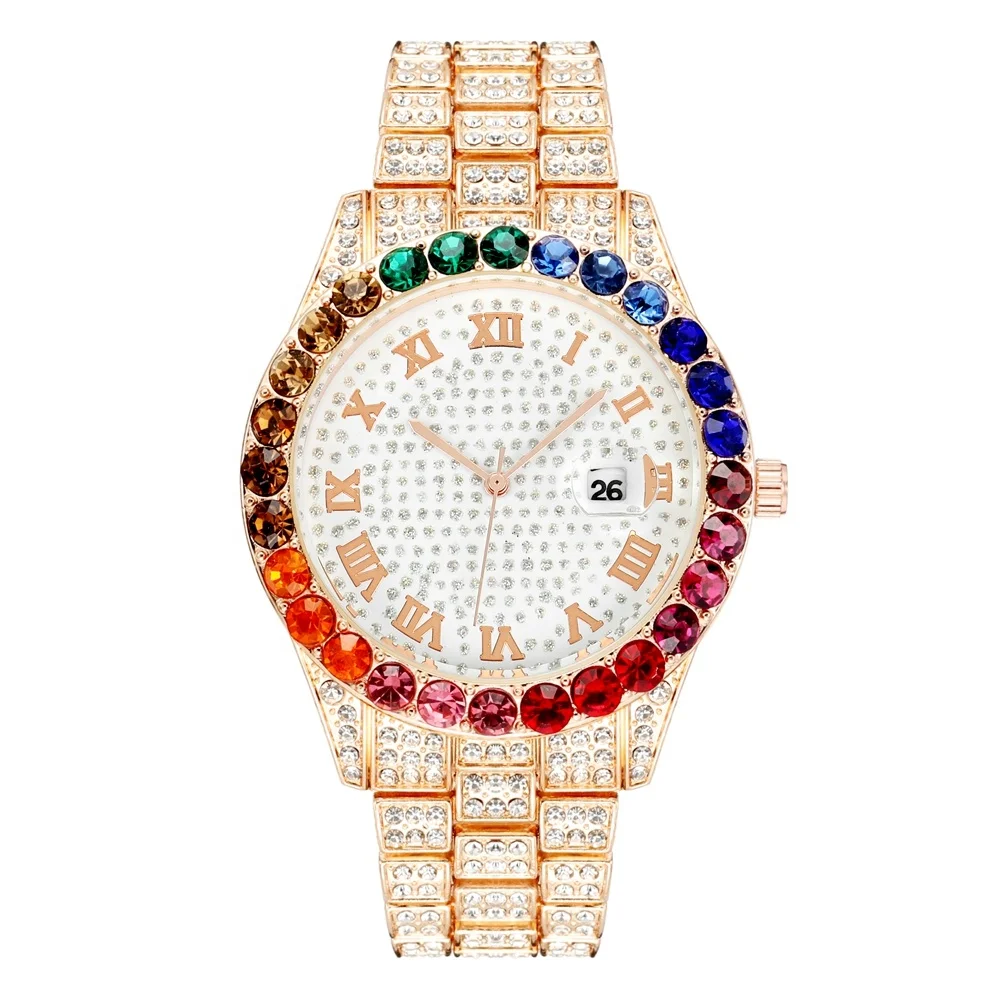 

In stock colorful quartz diamond watch hip hop ice out with calendar quartz luxury watch, As picture