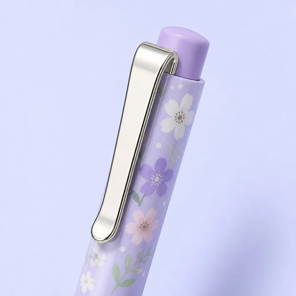 Close-up of lavender ballpoint pen clip and floral pattern