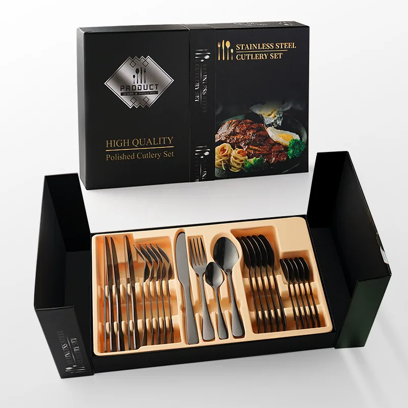 

New Arrival Customized Cubiertos 24 Pcs Cutlery Set Flatware Set Gift Box Spoon Fork Knife Set Stainless Steel Gold silverware, Sliver,gold,rose gold, colorful, black