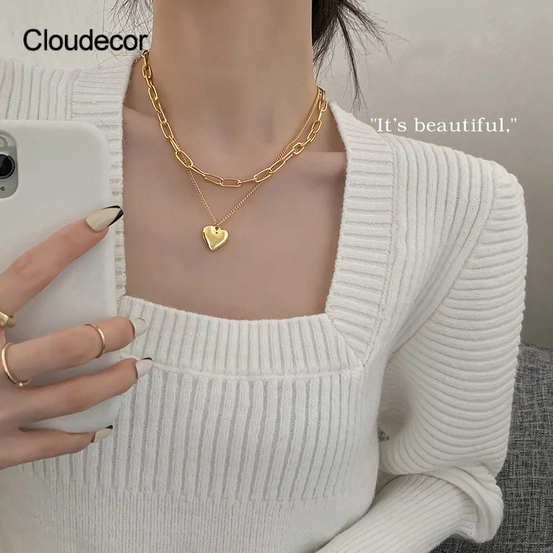 

Heart Pendant Necklace Korean Women Paperclip Necklace Gold Plated Link Chain Jewelry Fashion Layered Necklace Stainless Steel, 18k gold plated