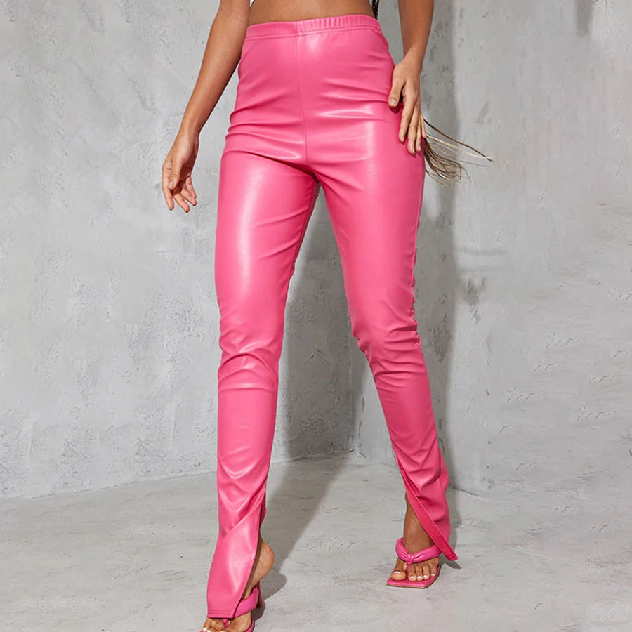 

K21P08661 Autumn Fashion Solid PU Leather Slim Pants High Waist Tight-Fitting Side Slits Backless Hollow Out Women Sexy Trousers