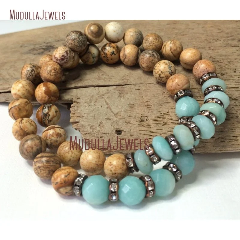 

BM31729 Blue Stone Stack Stretch Bracelet Rustic Earthy Beadwork Gemstone Bracelet Boho Chic Dainty Layering Bracelet