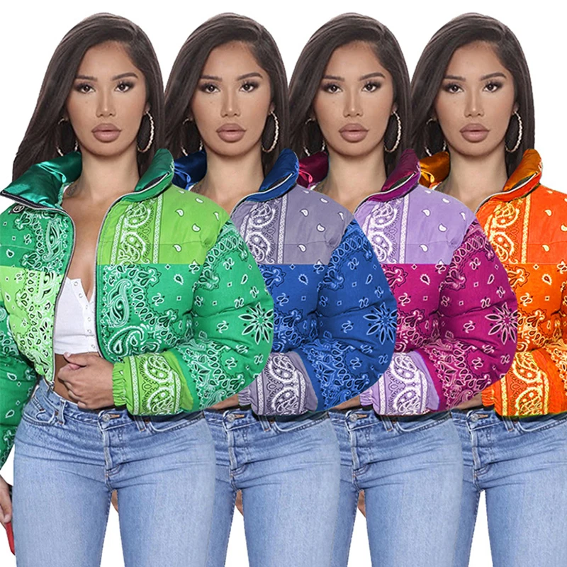 

Bandana Coat Paisley Printed Bubble Jackets For Women 2020 Winter Fashion Warm Parkas Casual Zipper Up Puffer Outerwear S-XL, Black red green