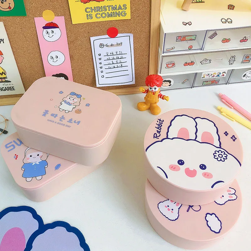 

W&G Kawaii Cartoon Storage Box with Mirror Lunch Box Multifunction Table Organizer Students Desktop Cosmetic Lid Storage Box