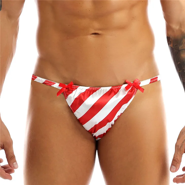 

iEFiEL Men's Red&White Striped Christmas Thong Sissy Satin Pouch Panties Bikini Breifs Underwear Xmas