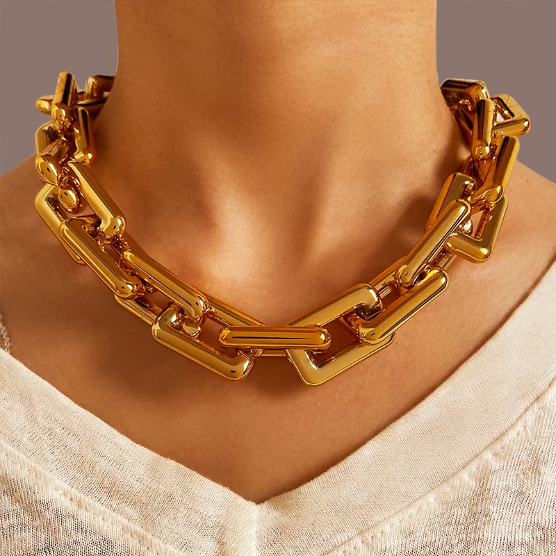 

New Punk Large Chunky Chain Necklace Collar for Women Men Vintage Thick Gig Chain Choker U Shape Lock Necklaces Party Jewelry, Gold