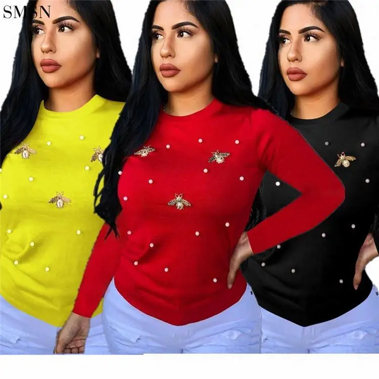 

Wholesale Good Quality Winter Beaded Bee Dress Round Neck Long-Sleeved Casual Knit Sweater Women