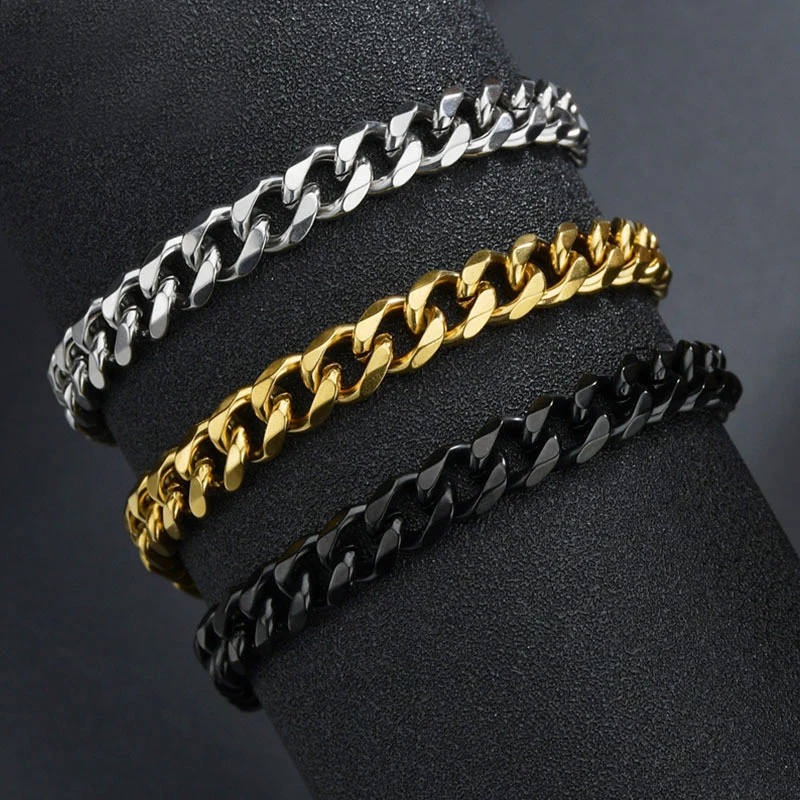 

High Quality Blank Color Punk Curb Cuban Link Chain Stainless Steel Bracelets For Men, Gold/silver/blank