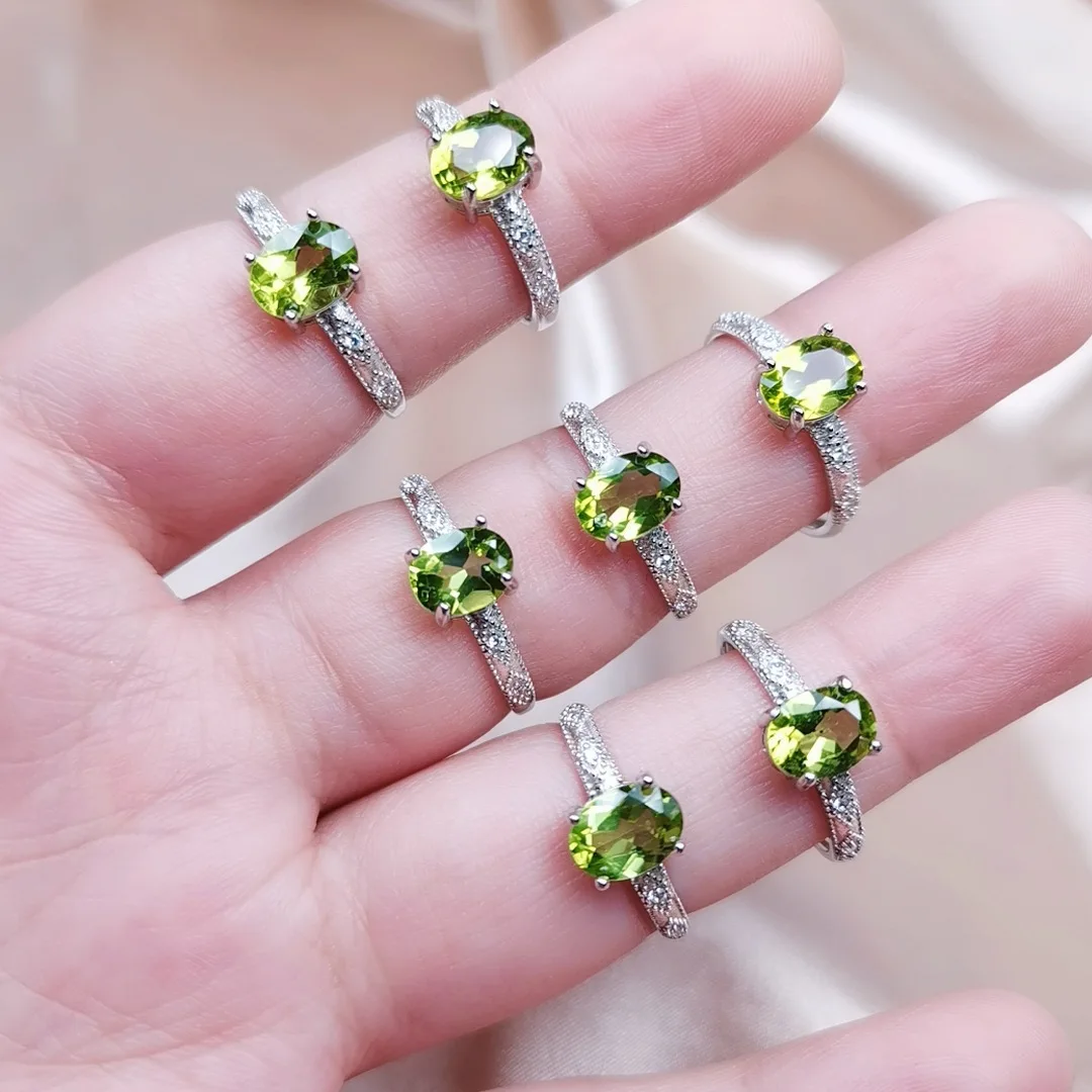 

Genuine Natural olivine ring Gemstone Crystal S925 Sterling Silver Ring Oval shape Peridot For Men and Women Adjustable Ring