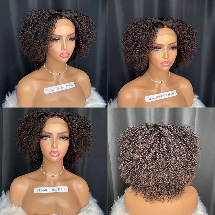 

Wholesale cheap black fluffy afro raw virgin human hair Indian Chinese kinky curly 4b wavy 4x4 lace closure wig 8 inch for women