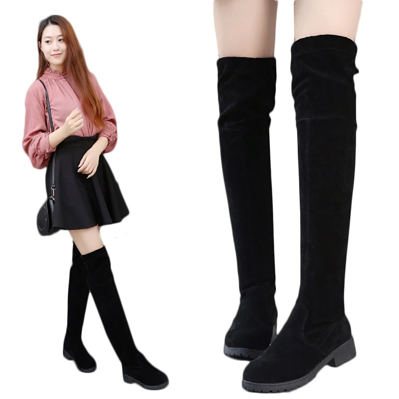 

Amazon AliExpress Hot Selling Women's Boots Solid Color Suede Low Heel Round Toe Over the Knee Womens Sock Boots