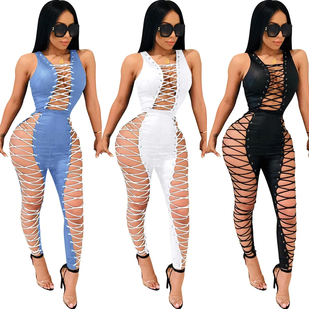 

Factory wholesale hot sale European and American sexy slim strappy zipper PU jumpsuit female