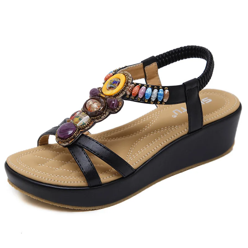 

S579 cross-border bohemian beach slope retro beaded plus size women's shoes wholesale Sandals
