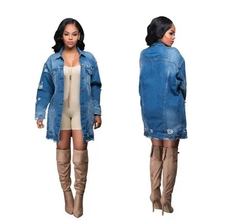 

Wholesale Womens Boutique Clothing Fall 2020 Jean Jacket Women'S Midi Hollow Out Denim Top Plus Size Coat