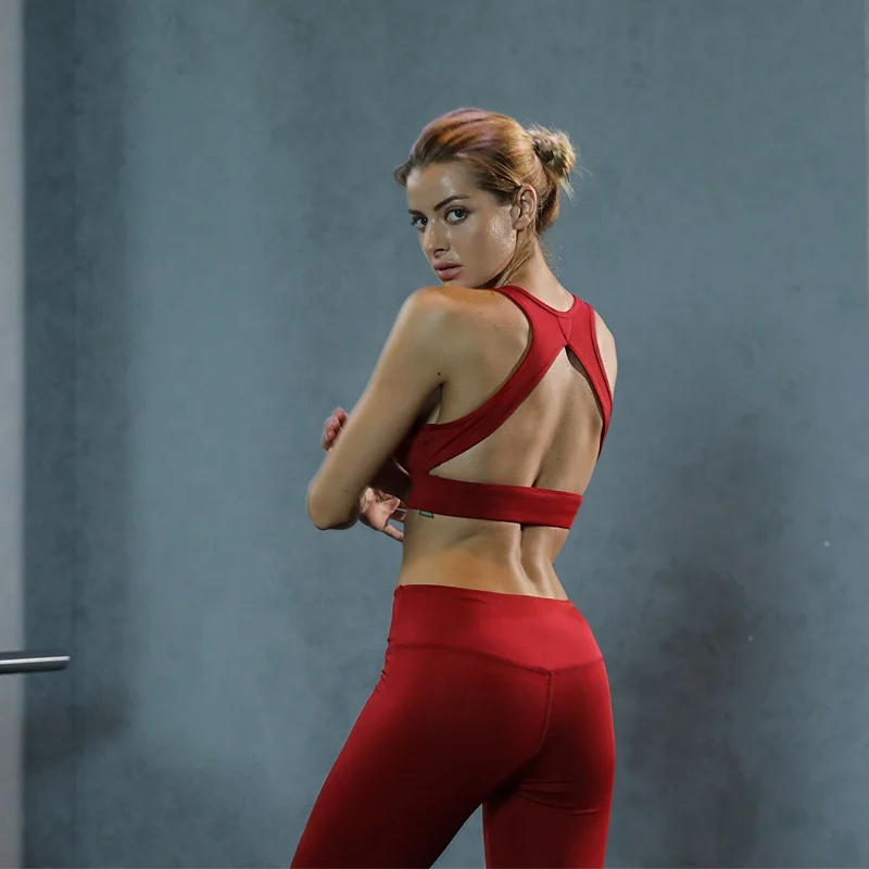 

wholesale high quantity sexy two color back cross design women workout fitness and yoga wear, Red,black