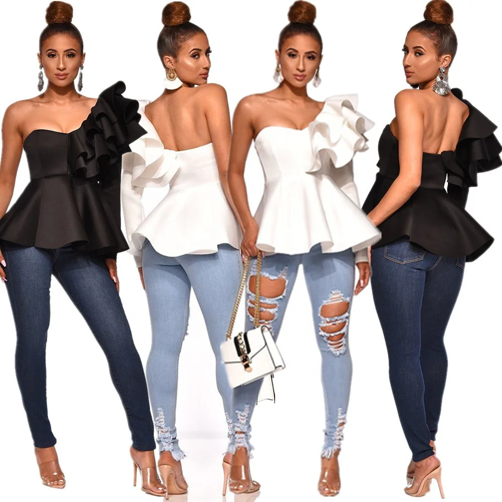 

B61994A Hot style high quality European and American women sexy pullover A-line slim ruffled top