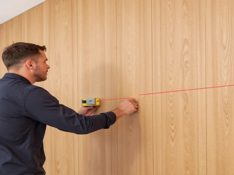 Laser level aligning wood wall panels during DIY installation