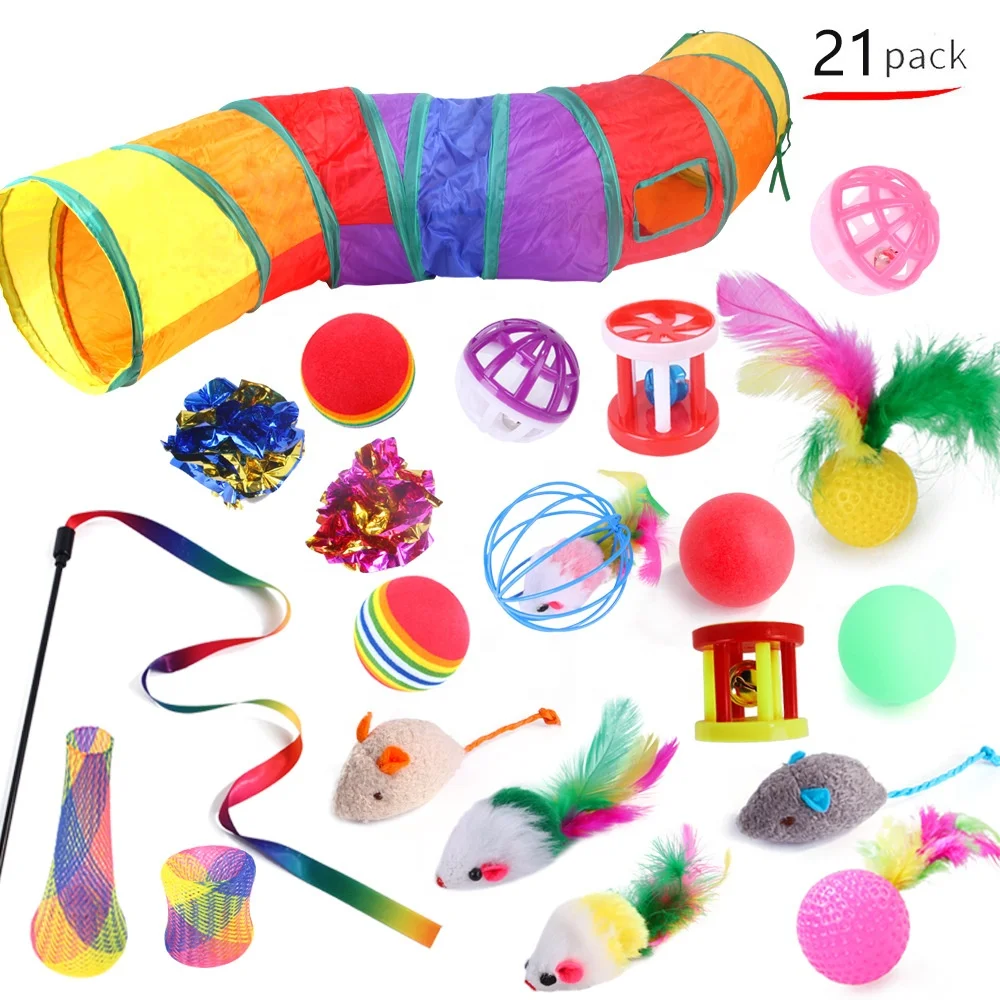 

Amazon wholesale rainbow tunnel teaser stick plush mouse 21 pieces pet cat toy gift set