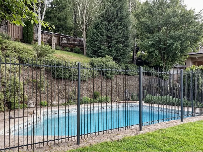 Properly tensioned aluminum mesh pool fence on sloped backyard