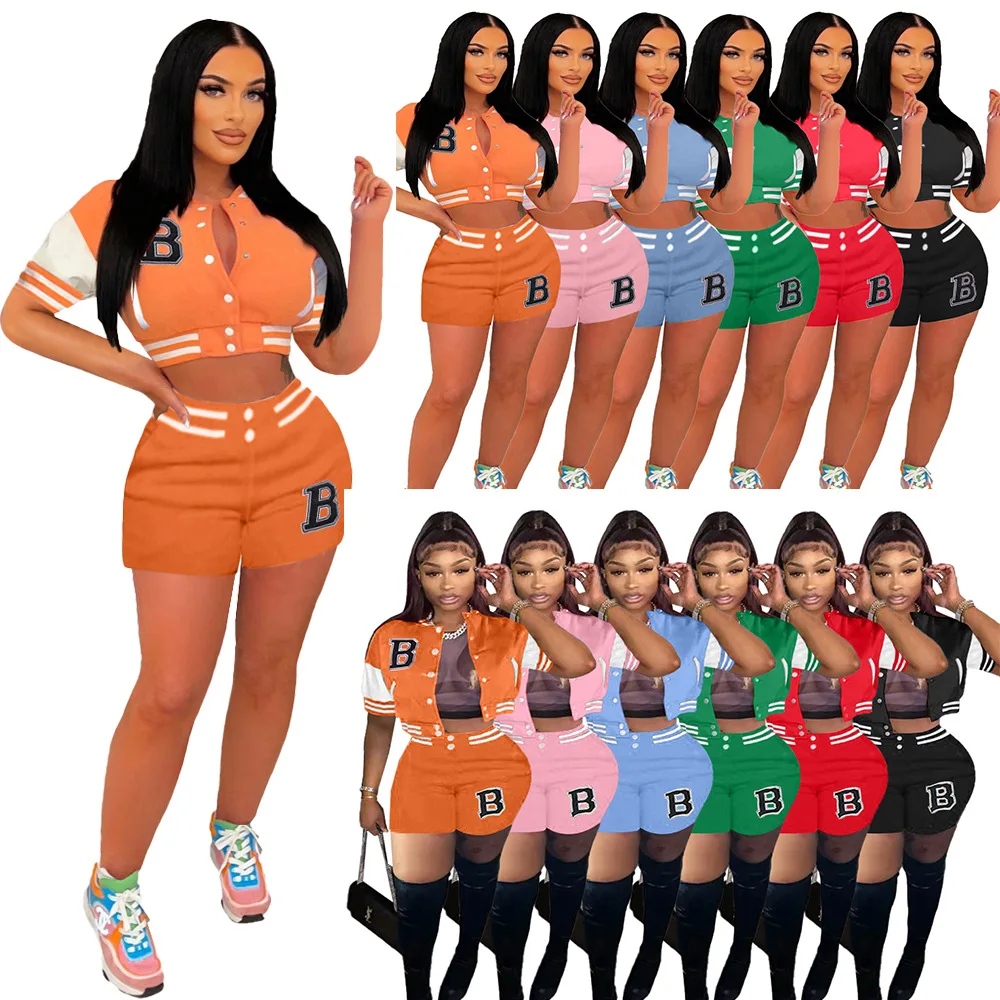 

Latest Design 2022 patchwork fashion biker short set tank top Short Sleeve Custom Women's Jacket Sets baseball jacket, Picture color