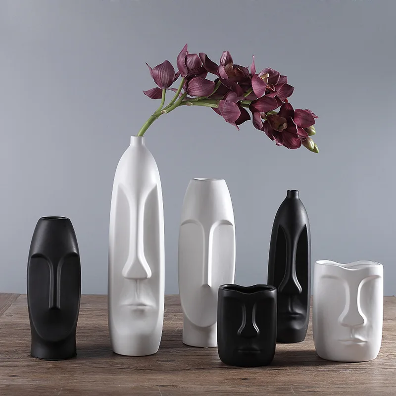 

Nordic Modern Ceramic Abstract Vase Matte Black and White Human Face Display Room Decorative Sculpture Vases, White,black