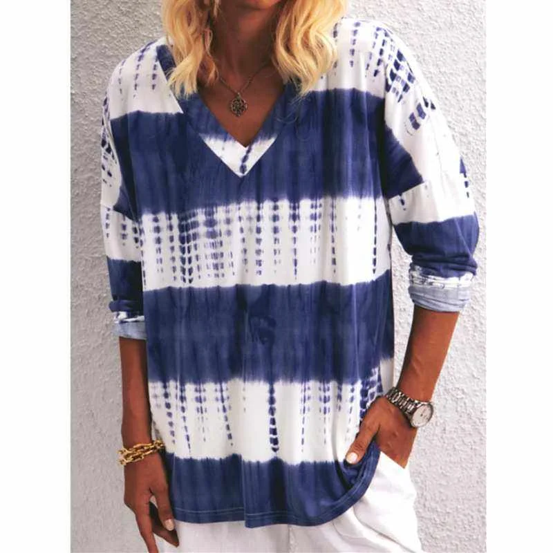 

Long Sleeve T Shirts Women Clothing Casual V Neck Loose Tie Dye Printed Tops