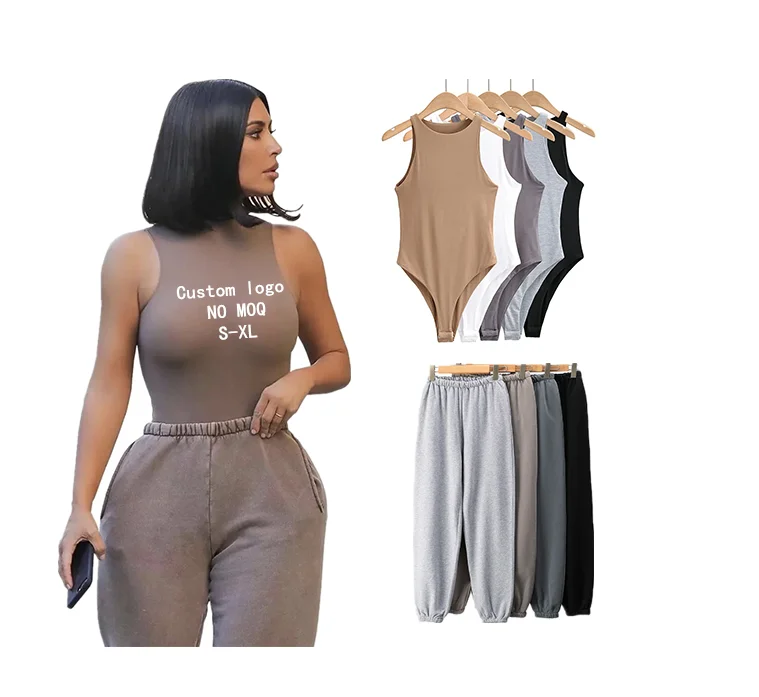 

S-XL High quality custom logo private label bodysuit silicone female sexy bodycon pants two piece bodysuit sets for women