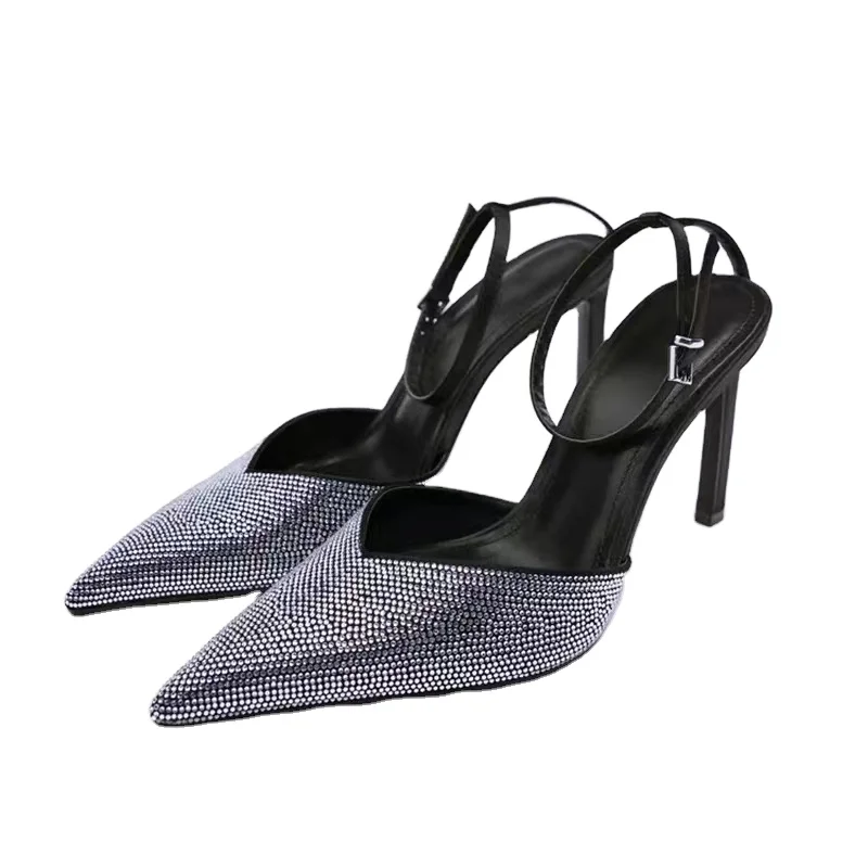 

2022 New pointy sequins rhinestones sandals socialite temperament one button with thin heels for women sexy heels